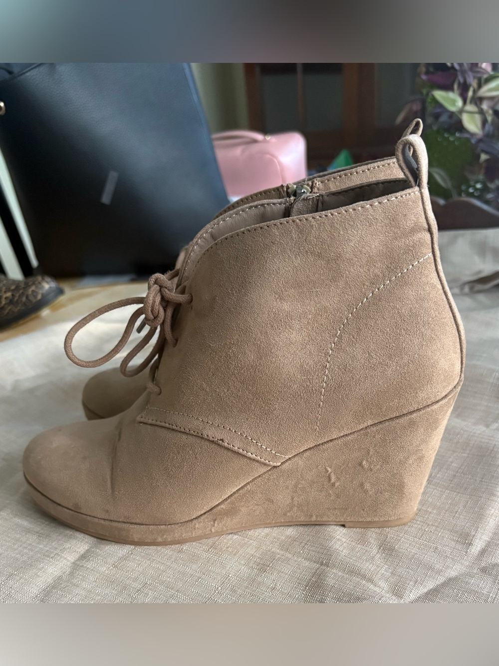 DV by Dolce Vita Taupe Suede Wedge Ankle Booties